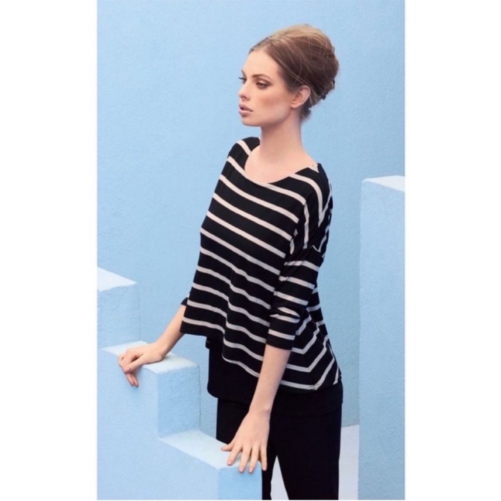 JOSEPH RIBKOFF Striped Tunic Top Black Tan Size 8 EUC